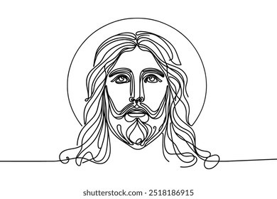 Single line vector image on white background. Portrait of Jesus with raised head
