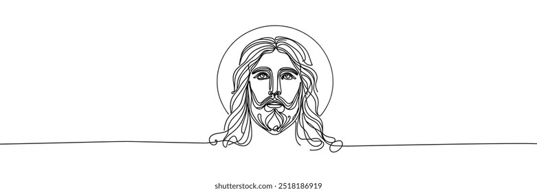 Single line vector image on white background. Portrait of Jesus with raised head