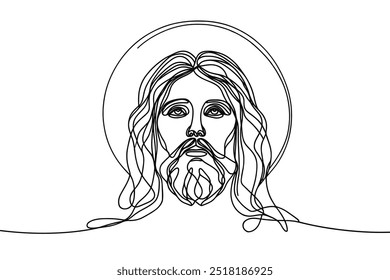Single line vector image on white background. Portrait of Jesus with raised head