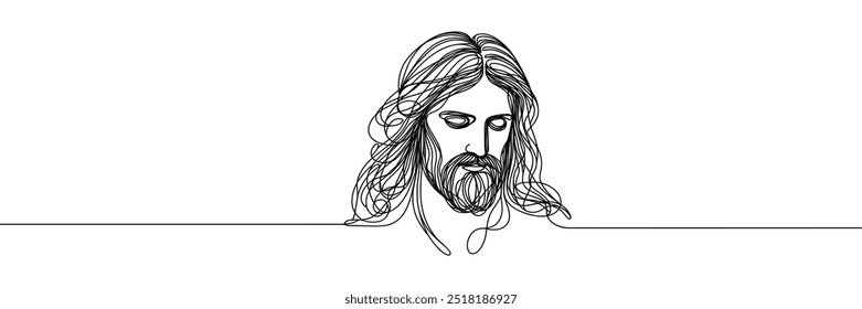 Single line vector image on white background. Portrait of Jesus with lowered head
