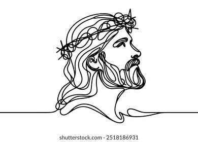 Single line vector image on white background. Jesus in a wreath of thorns	