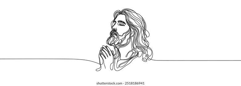 Imagen de Vector de una sola línea sobre fondo blanco. Retrato de Jesús orando
