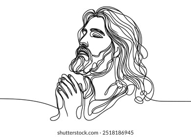 Imagen de Vector de una sola línea sobre fondo blanco. Retrato de Jesús orando
