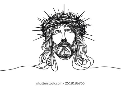 Imagem vetorial de linha única sobre fundo branco. Jesus em uma coroa de espinhos	