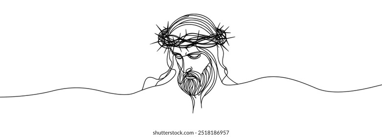 Imagem vetorial de linha única sobre fundo branco. Jesus em uma coroa de espinhos	