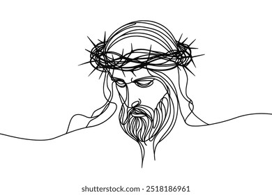 Imagem vetorial de linha única sobre fundo branco. Jesus em uma coroa de espinhos	