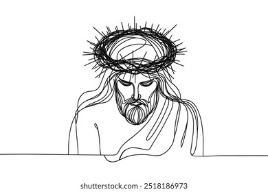 Imagem vetorial de linha única sobre fundo branco. Jesus em uma coroa de espinhos	