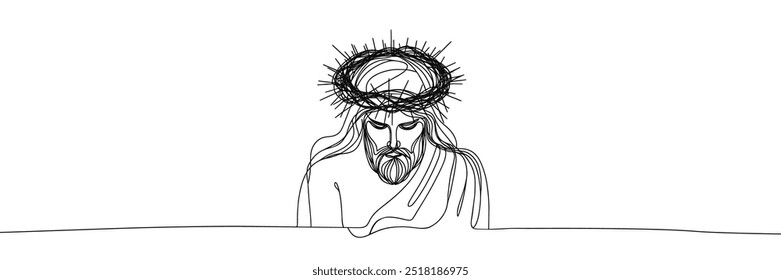 Imagem vetorial de linha única sobre fundo branco. Jesus em uma coroa de espinhos	