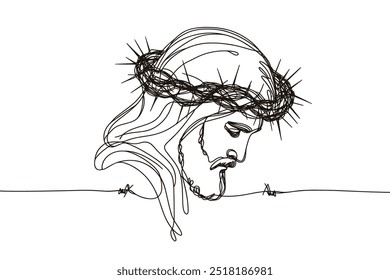 Imagem vetorial de linha única sobre fundo branco. Jesus em uma coroa de espinhos	