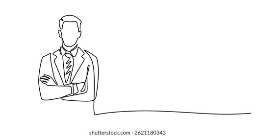 Single Line Vetor Masculino Profissional Braços Dobrados. Gráfico Minimalista de Estilo Empresarial de Autoridade.