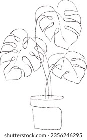 Single line vector pencil drawing monstera leaf. Modern single line art, aesthetic outline. Perfect for home decoration, such as posters, wall art, sticker, mobile phone case.