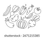 Single line vegetables set in doodle style. Line art Vegetables collection. Hand drawn Veggies icons, illustrations