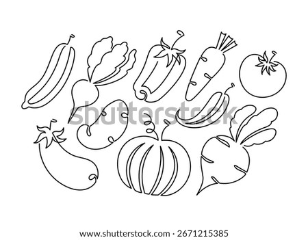 Single line vegetables set in doodle style. Line art Vegetables collection. Hand drawn Veggies icons, illustrations