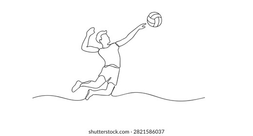 Single line volleyball player. Continuous line drawing of an athlete jumping to spike a volleyball. Captures competitive sports action. One line vector illustration.