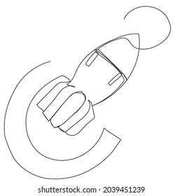 Einzeilige Skizze im Vektorformat auf weißem Hintergrund. Ein Projektil für Luftangriffe auf Städte. Stockillustration für eine Bombe, Rakete, Atomwaffen.