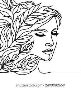 Una sola línea teje el perfil de una mujer en remolinos de hojas, mezclando lo humano y la naturaleza en serena unidad.