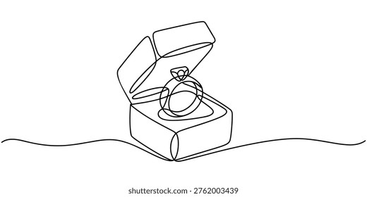 Single line of a wedding ring in an open gift box line single line engagement ring jewellry box in white background