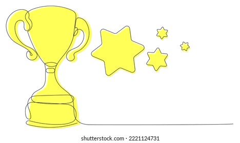 Single line winner cup on a white background. The concept of winning in business or sports competition. Vector illustration of a goblet with a colored yellow silhouette.