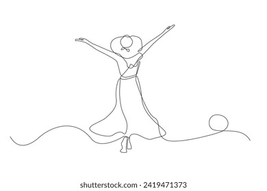 una sola línea de mujer con sombrero y vestido... arte de la línea vectorial de la mujer estirando los brazos hacia arriba. Dibujo de una sola línea de mujer disfrutando de vacaciones