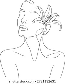 Línea única de la cara de una mujer con un retrato femenino de la flor del lirio.