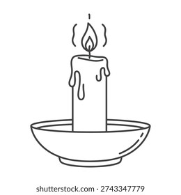 A single lit candle with a flickering flame stands in a shallow bowl emitting a warm and serene glow in a minimalist setting
