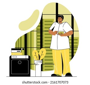 Single living alone. Guy with mug of drink or cocktail looks at scattered books. Remote worker or freelancer evaluates mess in house, routine and household chores. Cartoon flat vector illustration