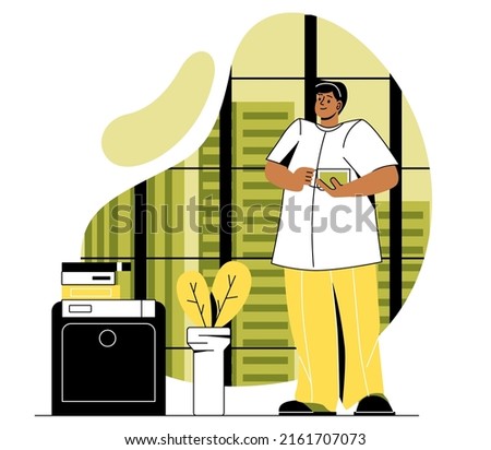 Single living alone. Guy with mug of drink or cocktail looks at scattered books. Remote worker or freelancer evaluates mess in house, routine and household chores. Cartoon flat vector illustration