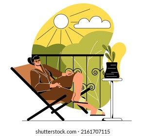 Single living alone. Young girl in sunglasses sits on balcony at her home or apartment. Comfortable and cozy rest and relax. Student sunbathing on summer day. Cartoon flat vector illustration