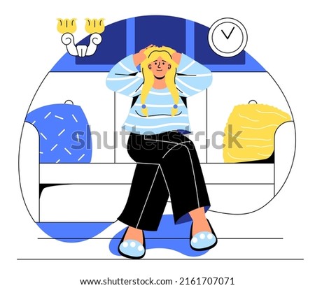 Single living alone. Young girl sits on sofa with her hands behind her head. Comfort and coziness, relaxing after work or study, evening entertainment concept. Cartoon flat vector illustration