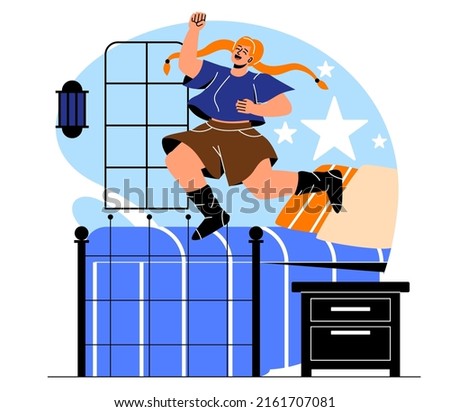 Single living alone. Young girl rejoices in apartment, freedom and comfort. Happy student. Have nice morning, responsibility. Parents left child alone at home. Cartoon flat vector illustration