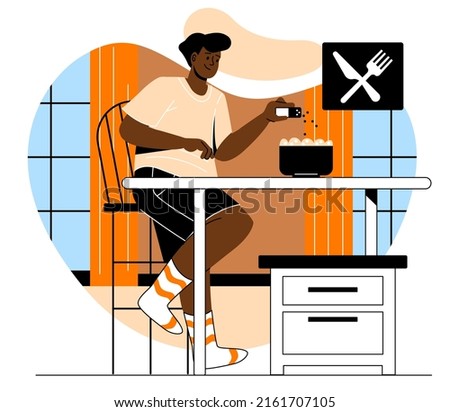 Single living alone. Young guy prepares meals for himself in kitchen, routine and everyday activities. Novice cook adds spices to his dish, lunch or breakfast. Cartoon flat vector illustration