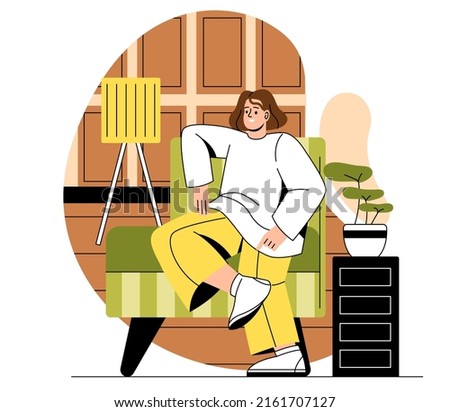 Single living alone. Young guy sits on armchair during day, resting after work and learning in his walls. Responsibility and daily household chores, routine. Cartoon flat vector illustration