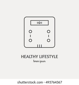 Single logo with graphic illustration of an electric weight scales made in line style vector. Clean and modern label for a shop, product or company.