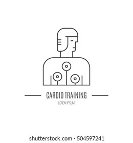 Single logo with a man with cardio test machine on made in modern line style vector. Perfect label for gym, fitness or other healthy lifestyle industry.