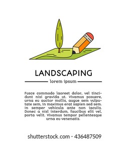 Single logo with a map and pensil. Landscaping. Line style.