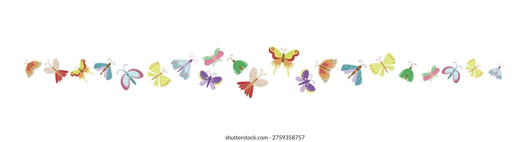 A single long, clean horizontal illustration featuring a diverse collection of distinct whimsical hand-drawn butterflies and moths. They are flying in a neat, coordinated line formation against a plain white background. The colorful insects have unique wing patterns and shapes in a cute vector style. Perfect for decorative borders, headers, web dividers, nursery decor, children's designs, sticker strips, invitations, and nature-themed projects. Elements are isolated on white