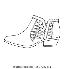 Single Lug Sole Chunky Heel Combat Ankle Boot Lace up Side Zipper Line art, Technical sketch hand drawing outline vector doodle illustration side view isolated on white background