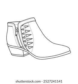 Único lug único salto robusto combate tornozelo Boot laço para cima lado Zipper Line arte, esboço técnico mão desenho contorno vetor doodle ilustração vista lateral isolada no fundo branco