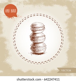 Single macaron cookies pile on vintage old background. Delicious meringue based french pastry sweet. Hand drawn sketch style vector illustration.