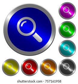 Single magnifier icons on round luminous coin-like color steel buttons