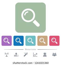 Single magnifier white flat icons on color rounded square backgrounds. 6 bonus icons included