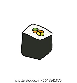 A single maki sushi roll in cartoon style with rice, seaweed, and vegetable filling. Fun and colorful vector illustration for Japanese food themes.