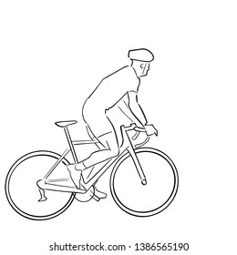 Single male bicyclist on bicycle. Abstract isolated contour. Hand drawn outlines. Black line drawing. Cycling race illustration. Vector silhouette.