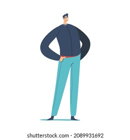 Single Male Character Wear Black Shirt and Blue Trousers Isolated on White Background. Positive Fashioned Confident Man with Arms Akimbo Millenial Attractive Person. Cartoon People Vector Illustration