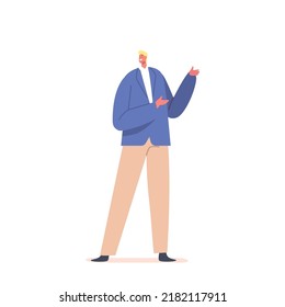 Un solo personaje masculino usa un brillo azul y pantalones aislados en fondo blanco. Hombre de negocios de moda, persona atractiva con ropa moderna. Ilustración de vectores de personas de caricatura