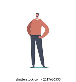 Single Male Character Wear Sweater and Trousers. Confident Positive Fashioned Man with Arms Akimbo, Attractive Person, Businessman Isolated on White Background. Cartoon People Vector Illustration