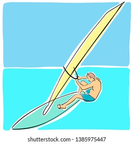 Single male windsurfer on windsurf board. Vector flat illustration. Colorful drawing. Isolated black contour and colors.