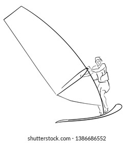 Single male windsurfer on windsurf board. Abstract isolated contour. Hand drawn outlines. Black line drawing. Windsurfing illustration. Vector silhouette.