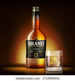 Single malt Whiskey Drink ads design. Realistic glass whiskey bottle label on shiny gold background. Vector 3d illustration