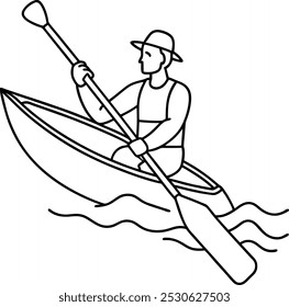 Único homem linha contínua desenhando trilhas de canoa e rafting clube com equipamento de caiaque. Montanha vintage, rafting, caiaque, remo, canoagem esboço acampar. Canoagem de vetor de design de arte de linha.